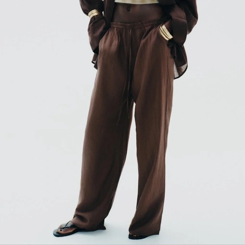 Zara NWT textured weave tan brown wide leg pants